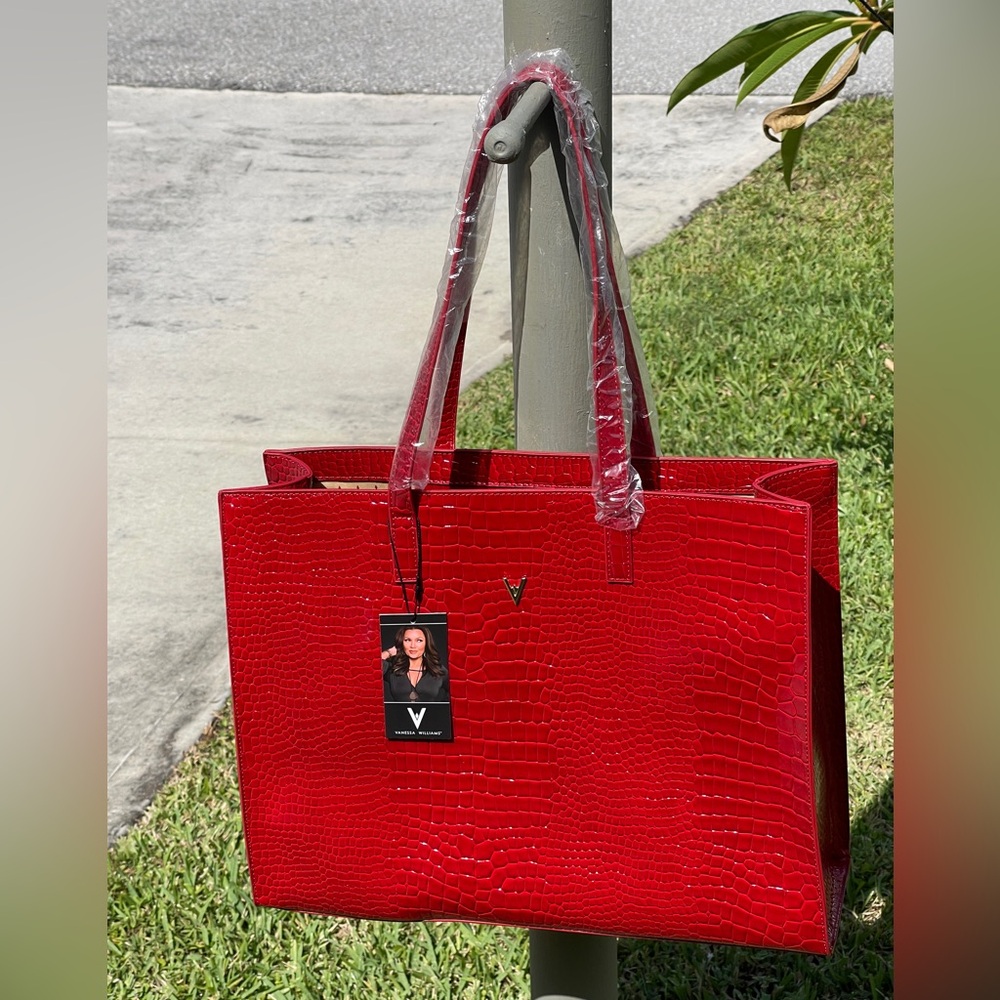 VANESSA WILLIAMS Vibrant Red Croc-Embossed Tote Bag - Picture 13 of 15